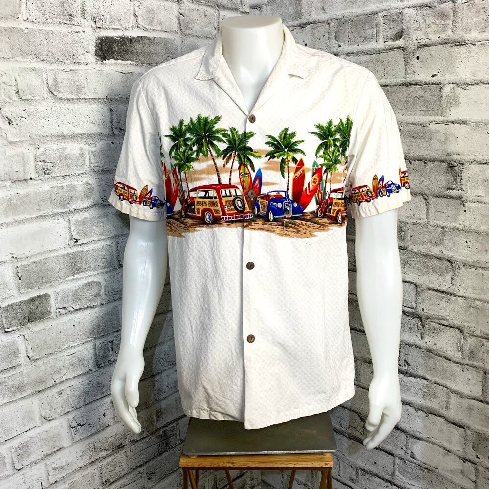 Aloha Mo'i Casual Short Sleeved Shirt Hawaii Beach Cars Surf Board Print